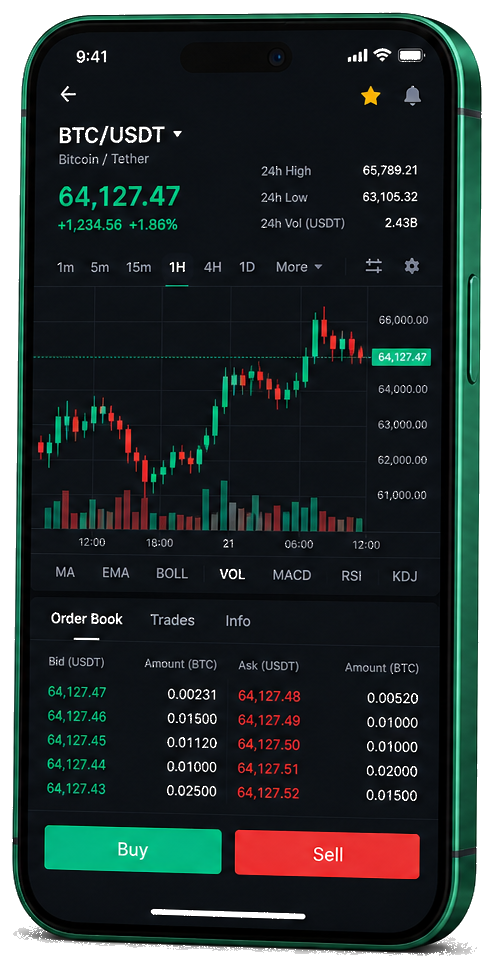 Piattaforma Luvora Capitale su smartphone — grafico live BTC/USDT, order book e pannello di controllo operazioni